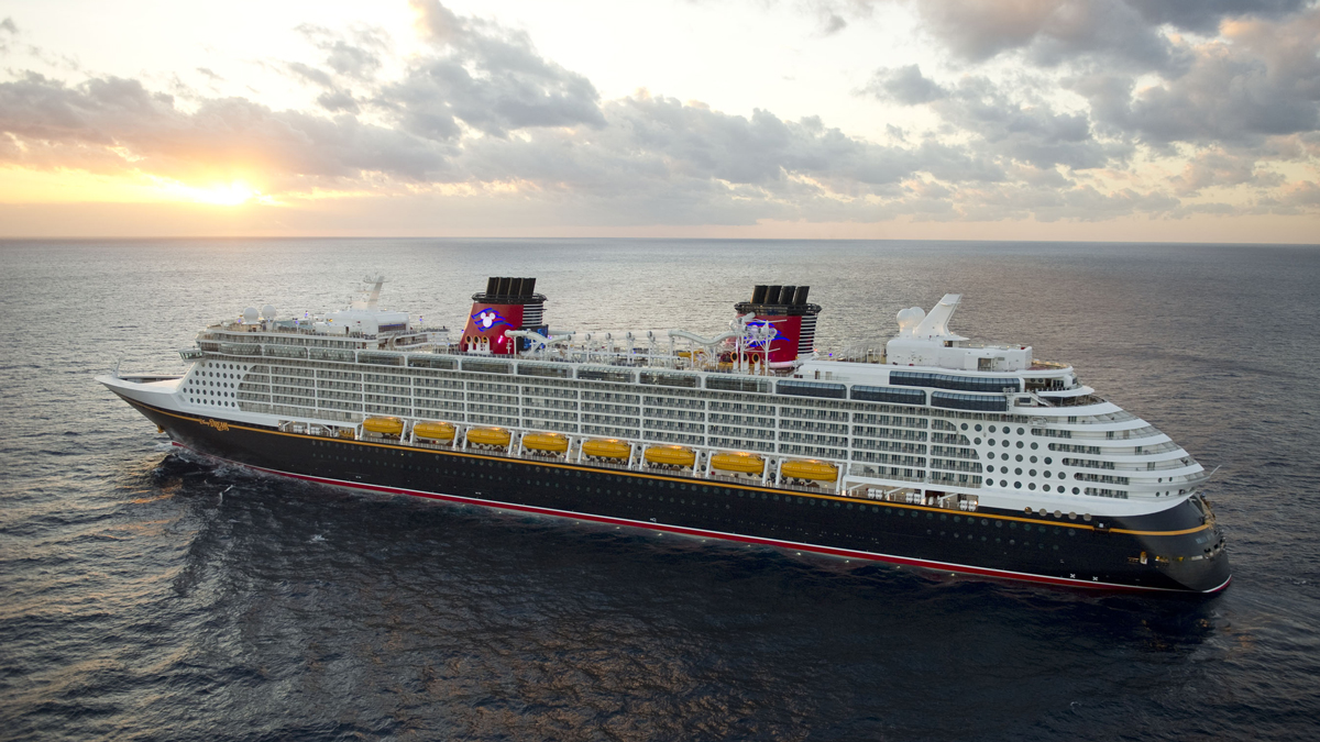 A Disney Cruise ship sailing on the ocean