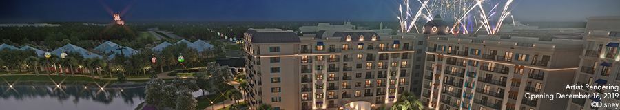 An artist rendering of Disney’s Riviera Resort illuminated at night with fireworks blasting off in the sky